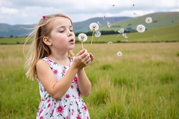Young girl with blonde hair in floral dress blowing dandelion seeds in green grassy field meadow with hills in background