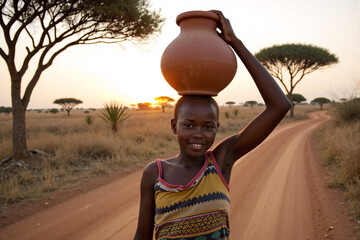 Young happy african girl smiling and carrying clay water pot on her head walking on dirt road in savanna landscape during sunset