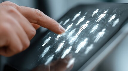 Digital recruitment process shows HR manager selecting candidate with tablet in office setting