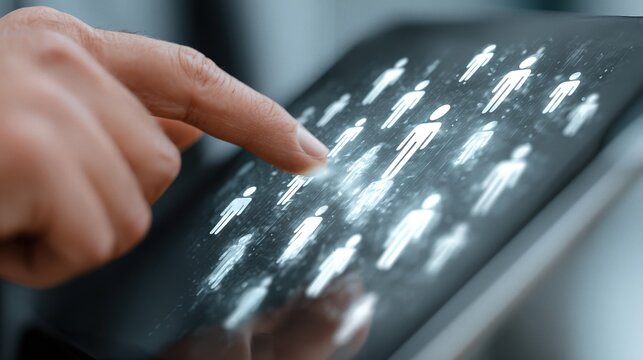 Digital recruitment process shows HR manager selecting candidate with tablet in office setting - Powered by Adobe