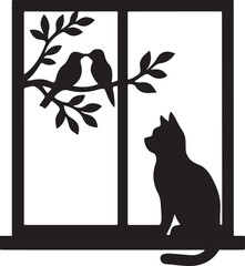 Cat on windowsill watching birds peaceful home and nature silhouette vector illustration