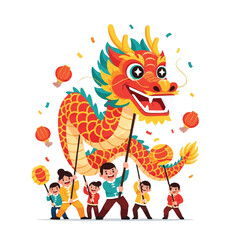 Cartoon illustration of a vibrant dragon with children holding festive lanterns in a lively, colorful scene against a clean white background.