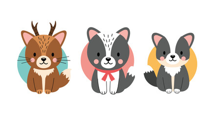 Obraz premium A cute collection of three adorable woodland animals including a deer, a badger, and a fox, in a simple cartoon style.