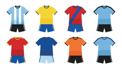 Vector set of various soccer team uniforms with shirts and shorts