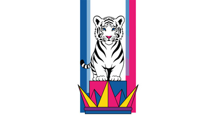 Fototapeta premium White tiger cub sitting on a colorful geometric platform with a striped background in a modern and artistic illustration.