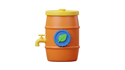 Cartoon Rain Barrel with Spigot and Leaf Emblem