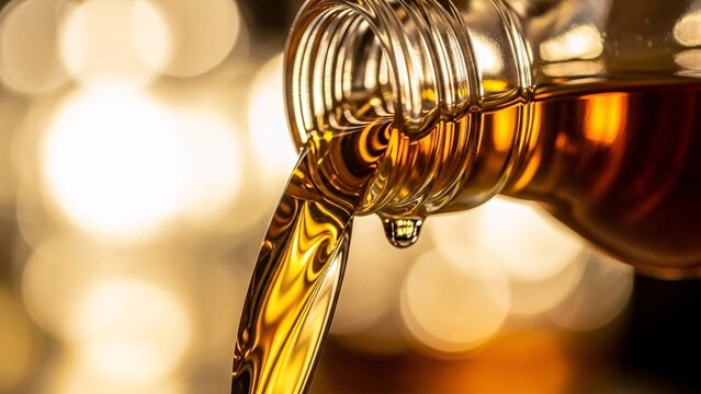 Pouring amber spirit from clear glass bottle with warm golden bokeh background