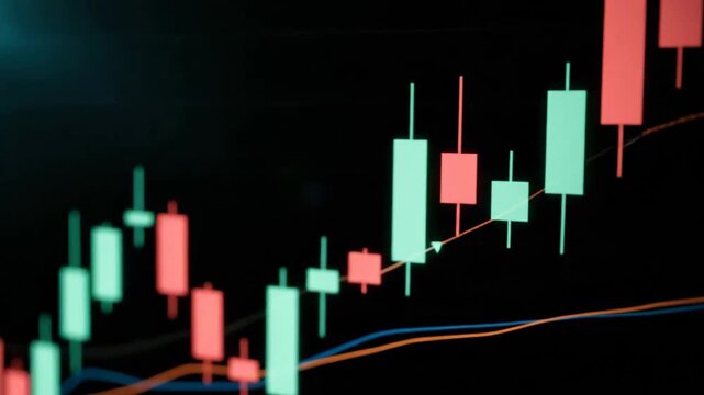 Stock market candle stick chart with uptrend and downtrend indicators.