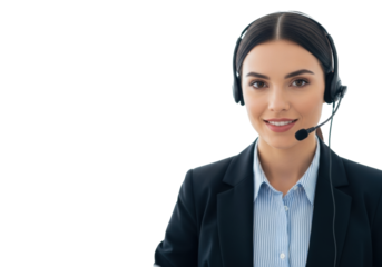 A friendly young caucasian woman with sleek dark hair, professional headset, and striped shirt, smiling confidently on a transparent background with copy space. Concept of excellent customer service