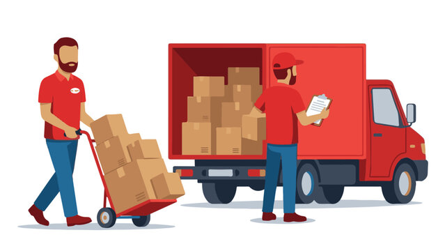 Delivery men loading cardboard boxes onto a red truck, logistics and shipping - Powered by Adobe