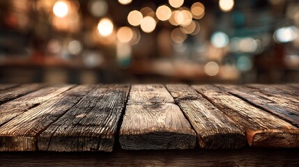 rustic wood plank table with soft bokeh background, food photography style