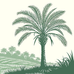 Fototapeta premium Green palm tree with grass and field palm trees agriculture