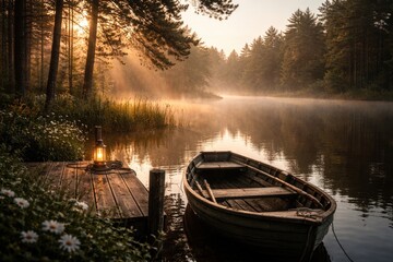 Serene morning landscape of a wooden rowing boat moored at a small dock on a misty lake; a glowing lantern on the pier and bright sunlight filtering through the forest trees