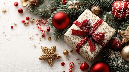 Gift box with bow and festive decorations in snow with red baubles, candy canes, and pine branches on white background, perfect for Christmas celebration and holiday spirit