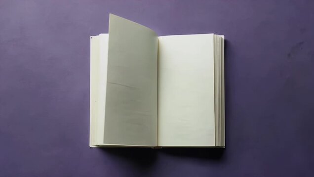 Creative 4K stop motion flat lay of white hardcover book opening closing against purple themed background ideal education storytelling publishing related 