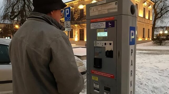 NOWY TARG, POLAND - DECEMBER 30, 2025: An elderly man operates a parking meter to collect a ticket for his car.
