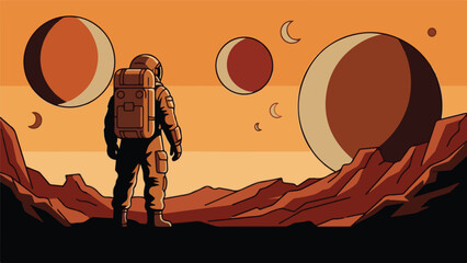 Astronaut on an alien planet observing multiple celestial bodies in an orange sky © StockStudio