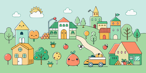 Kawaii Fruit and Nature Character Icon Set - Hand-Drawn Doodle Style, Adorable Pastel Mascot Collection - Cute Minimalist Stickers