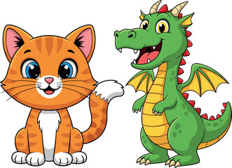 Cute Cartoon Orange Tabby Cat and Friendly Green Dragon Characters, Adorable Pet and Mythical Creature Vector Illustration for Kids.