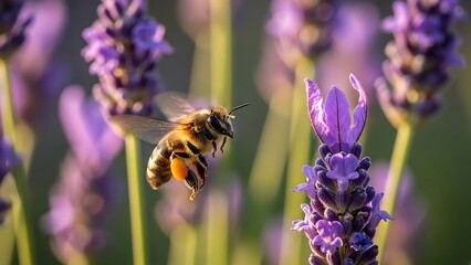 Bee flying near purple lavender flowers.