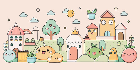 Kawaii Fruit and Nature Character Icon Set - Hand-Drawn Doodle Style, Adorable Pastel Mascot Collection - Cute Minimalist Stickers