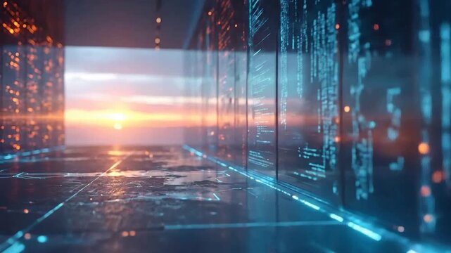 Futuristic technology corridor reflects a sunset, showcasing data and digital connectivity.