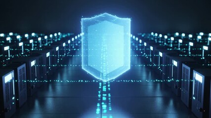 Cyber security shield protects server racks data center technology motion graphics protection network - Powered by Adobe