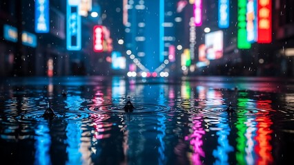 City street at night with reflections.