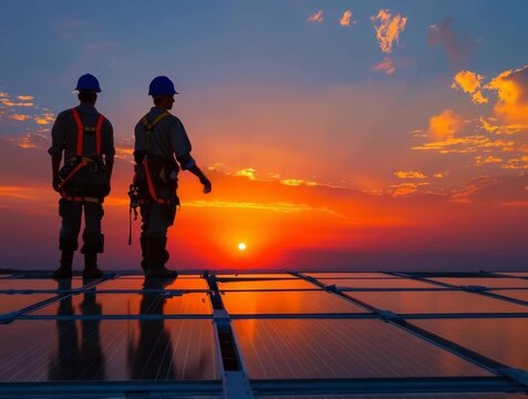 Workers in silhouette against the sunset sky, showcasing clean solar energy production and work safety.