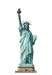 Fototapeta premium Neoclassical copper Statue of Liberty, full-body, greenish-blue patina, golden torch, isolated on transparent background with copy space, high-key studio lighting, iconic symbol of freedom