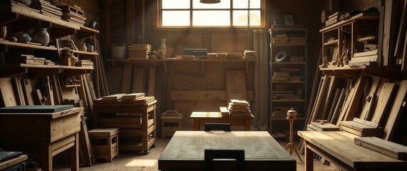 Cozy woodworking studio brimming with an assortment of wooden materials and tools, beautifully illuminated by soft sunlight, creating a warm and inviting atmosphere for craftsmanship.