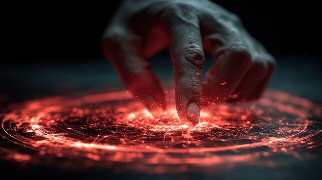 Man interacts with holographic touchscreen interface in red color during cyber attack simulation in a digital environment - Powered by Adobe