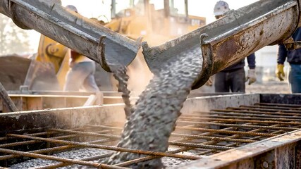 Fresh concrete being poured into reinforced foundation grid at active construction site with workers and heavy industrial equipment