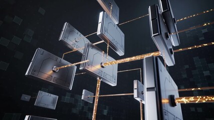 Abstract blockchain technology network with glowing digital data links between futuristic processor - Powered by Adobe