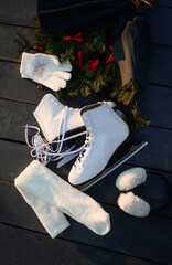 skates on a bench. winter fun. figure skating