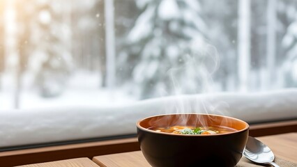 Cozy winter scene with steaming hot soup on a cold snowy day