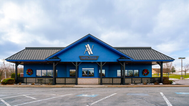 New Hartford, NY - Dec 25, 2025: Ultra-wide view of Aqua Vino Restaurant & Bar, whwas established in September 2007 by Robert Esche, the president of the Utica Comets, with over 20 locations worldwide