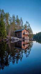 Fototapeta premium Rustic wooden cabin on rocks by a calm lake, its perfect reflection mirrored in the water, surrounded by a pine forest. Concept Rustic lakeside cabin on rocks, Mirror-like calm lake reflection