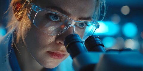 A focused female scientist with safety glasses is intently studying a sample using a microscope in a high tech medical research laboratory.