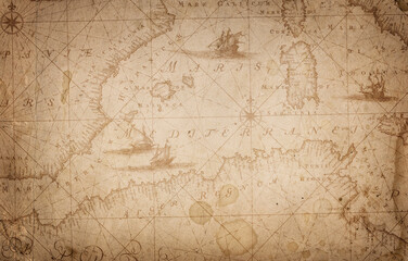 Antique world map collage with vintage paper texture inspired by old cartography of the 18 century. Old geographical map collage.