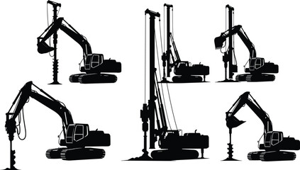 Construction drilling machine silhouettes, hydraulic pile driver excavators, heavy foundation equipment, industrial engineering machinery, black machines set, isolated white background © Monteza