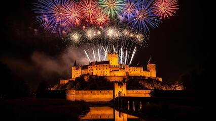 Fireworks over historic castle at night.