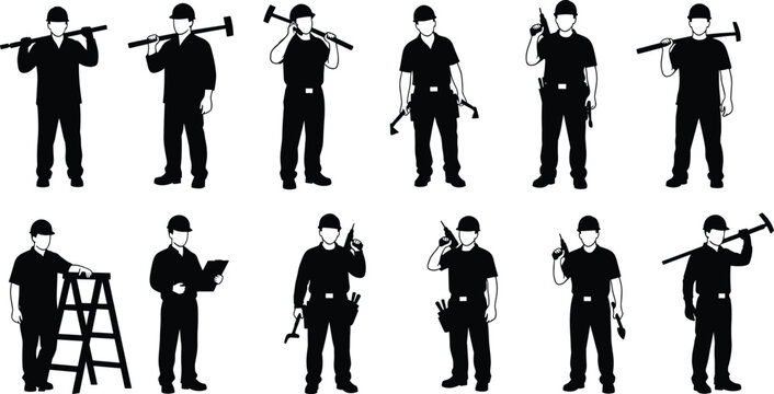 Construction worker silhouettes set, handyman technician poses, tools equipment icons, industrial labor characters, black vector illustration isolated white background