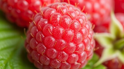 Fresh raspberries on green leaves closeup.