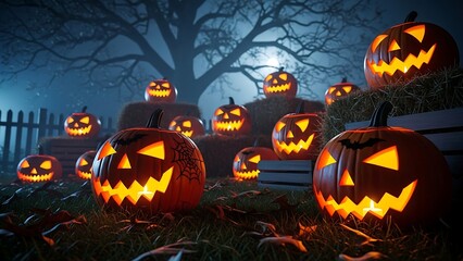 Glowing jack o lanterns on display.