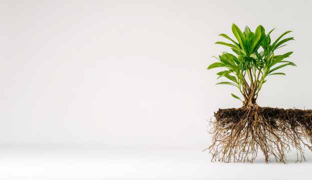 Healthy green leafy plant with visible roots growing underground against a plain white background