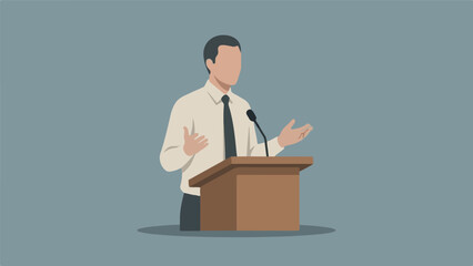 Minimalist vector illustration of a man speaking at a podium with microphone