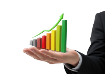 Clean caucasian hand holding colorful 3D bar chart with green arrow, silhouette in bright blurred studio background, professional lighting, Concept of financial growth and business success