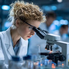 Focused female scientist analyzes sample using microscope in modern laboratory with colleagues du scientific research and development process.