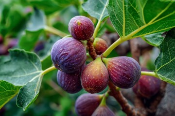 Fototapeta premium Ripe purple figs growing on fig tree branch